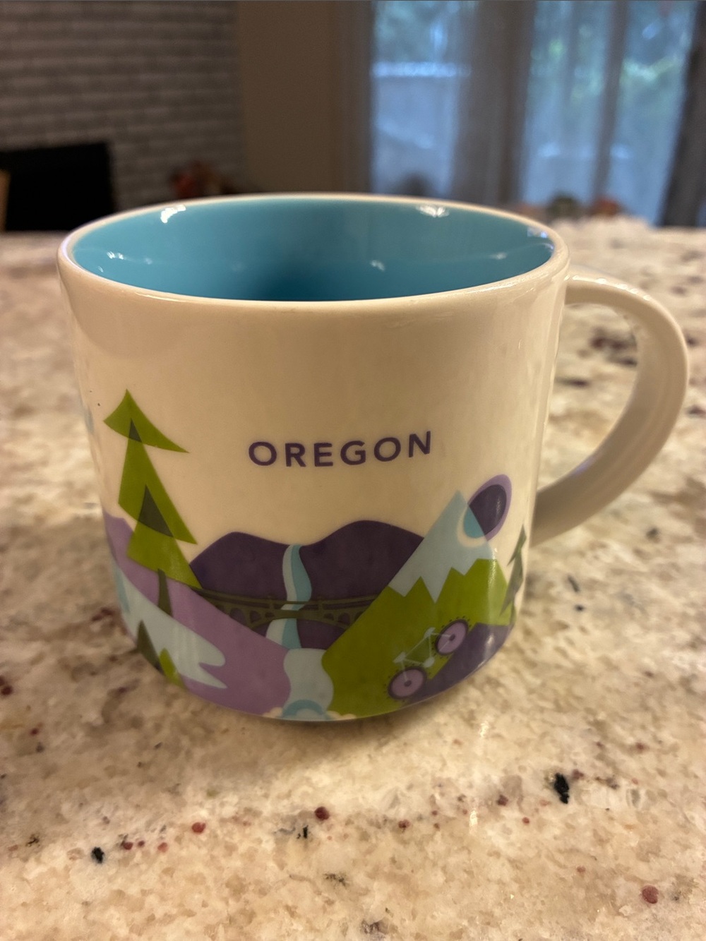 Starbucks White Mug with Blue Interior and Green/Purple Outdoors Design 2015